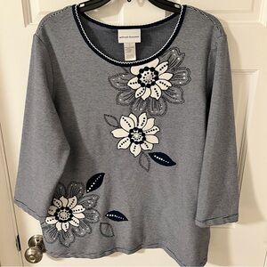 Alfred Dunner Striped Floral 3/4 Sleeve Knit Tunic  with Embellishments Large